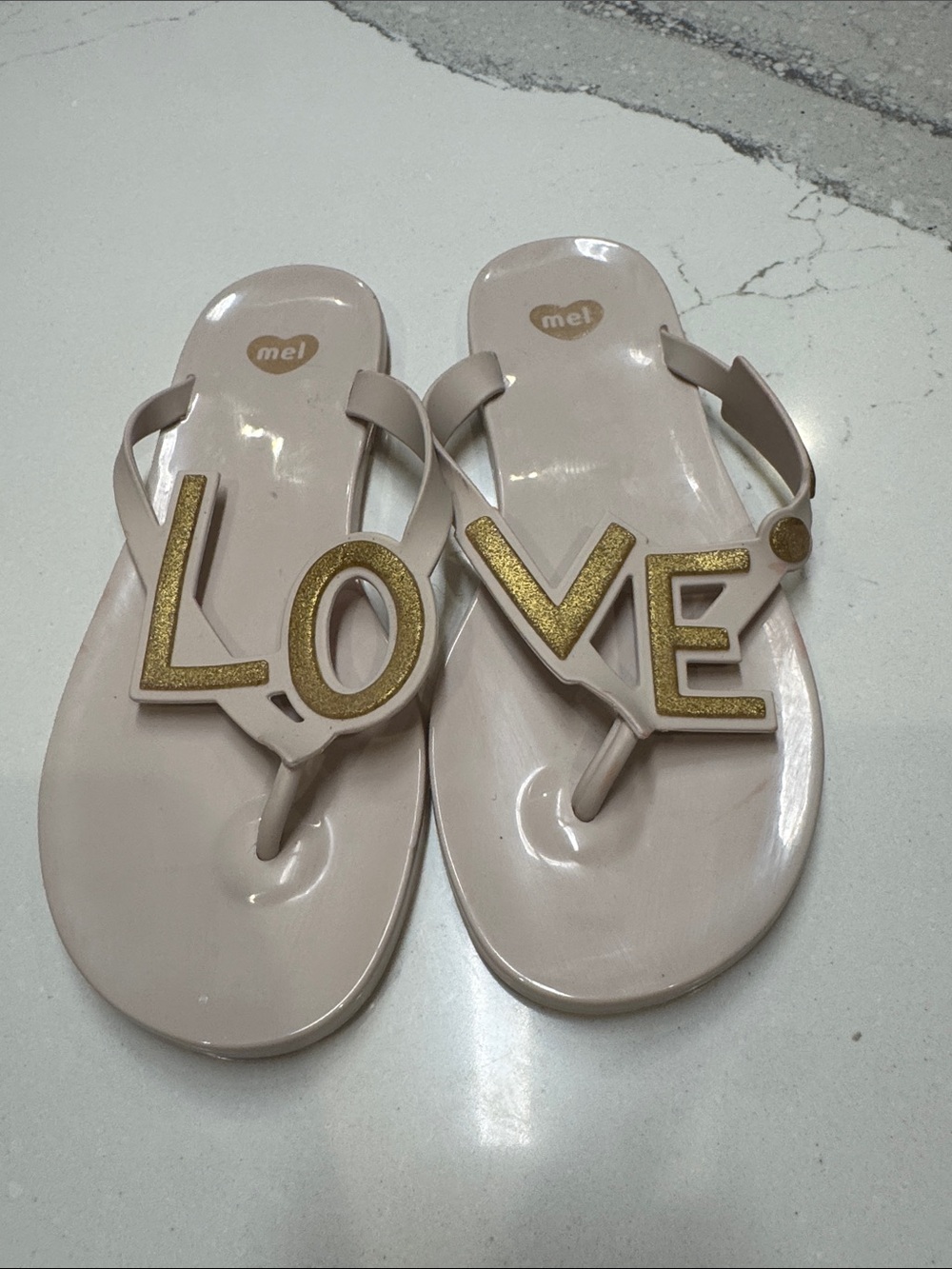 Melissa Nude Tan Sandals with Gold LOVE Accents Gently Worn Scented